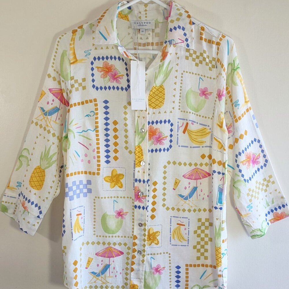 Calypso St Barth Linen Blouse Size XSmall Oversized Beach Tropical Paradise
